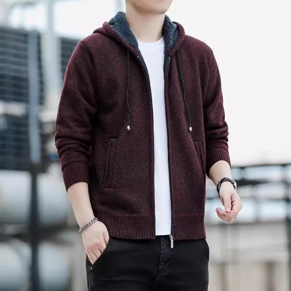 Men's Korean Style Knit Cardigan Long Sleeve Hoodie - Picture 1 of 5